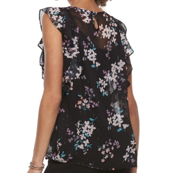 Candie's flutter sleeve floral top blouse tee shirt sheer black xsmall - Picture 2 of 7